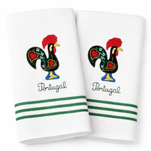 Load image into Gallery viewer, Portugal Rooster Kitchen Towels with Green Stripe Accent – Set of 2, 100% Cotton Dish Towels (23.5" x 19")
