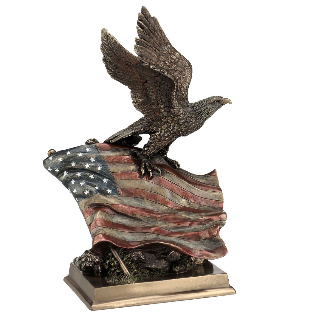 Bald Eagle Figurine with American Flag – Cold Cast Bronze Patriotic Statue