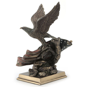 Bald Eagle Figurine with American Flag – Cold Cast Bronze Patriotic Statue