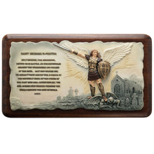 Load image into Gallery viewer, St. Michael the Archangel Prayer Wall Plaque with Wood Finish Base
