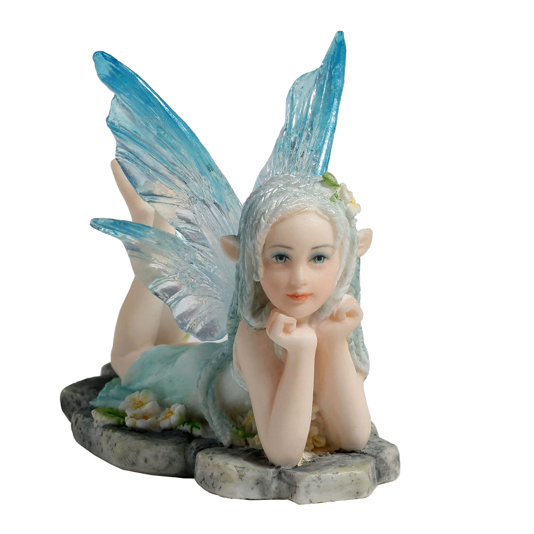 Daydreaming Fairy Figurine – Lying Fairy Statue with Blue Wings