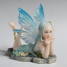 Load image into Gallery viewer, Daydreaming Fairy Figurine – Lying Fairy Statue with Blue Wings
