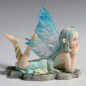 Daydreaming Fairy Figurine – Lying Fairy Statue with Blue Wings