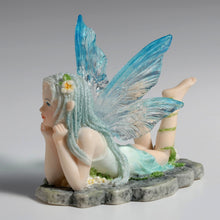 Load image into Gallery viewer, Daydreaming Fairy Figurine – Lying Fairy Statue with Blue Wings

