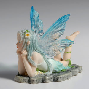 Daydreaming Fairy Figurine – Lying Fairy Statue with Blue Wings