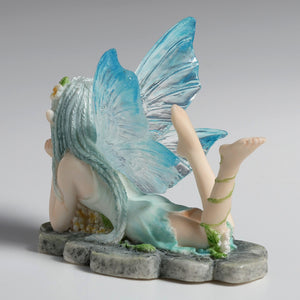 Daydreaming Fairy Figurine – Lying Fairy Statue with Blue Wings
