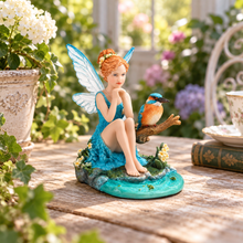 Load image into Gallery viewer, Turquoise Fairy and Kingfisher Bird Statue - Whimsical Garden Figurine, 5.1"
