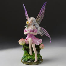 Load image into Gallery viewer, Pink Fairy and the Clovers Figurine – Seated Fairy Statue with Yellow Flower and Purple Wings
