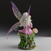 Load image into Gallery viewer, Pink Fairy and the Clovers Figurine – Seated Fairy Statue with Yellow Flower and Purple Wings
