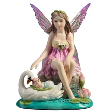 Load image into Gallery viewer, Lotus Fairy with Baby and Swan Figurine – Pink Fairy Statue on Water Scene
