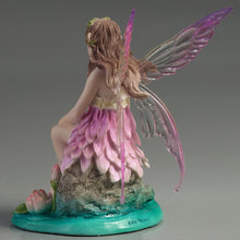 Load image into Gallery viewer, Lotus Fairy with Baby and Swan Figurine – Pink Fairy Statue on Water Scene
