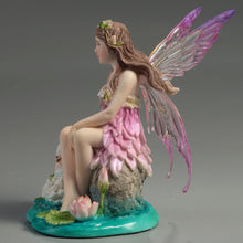 Load image into Gallery viewer, Lotus Fairy with Baby and Swan Figurine – Pink Fairy Statue on Water Scene
