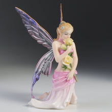 Load image into Gallery viewer, Kneeling Fairy Figurine with Yellow Rose – Pink and Purple Winged Fairy Statue
