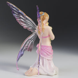Kneeling Fairy Figurine with Yellow Rose – Pink and Purple Winged Fairy Statue