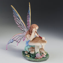 Load image into Gallery viewer, Fairy Figurine Painting Ladybug on Mushroom – Colorful Winged Fairy Statue with Nature Accents
