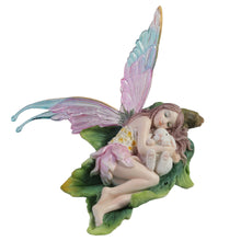 Load image into Gallery viewer, Sleeping Fairy Figurine on Leaf with Bunny – Pastel Winged Fairy Statue
