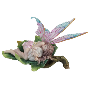 Sleeping Fairy Figurine on Leaf with Bunny – Pastel Winged Fairy Statue
