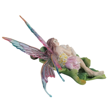 Load image into Gallery viewer, Sleeping Fairy Figurine on Leaf with Bunny – Pastel Winged Fairy Statue
