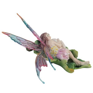 Sleeping Fairy Figurine on Leaf with Bunny – Pastel Winged Fairy Statue