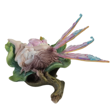 Load image into Gallery viewer, Sleeping Fairy Figurine on Leaf with Bunny – Pastel Winged Fairy Statue
