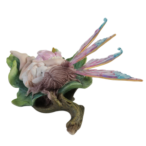 Sleeping Fairy Figurine on Leaf with Bunny – Pastel Winged Fairy Statue
