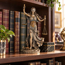 Load image into Gallery viewer, Blindfolded Lady Justice with Twin Scales Statue – Cold Cast Bronze, 10.5"
