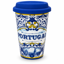 Load image into Gallery viewer, Portugal Azulejo Ceramic Travel Mug with Silicone Lid, 12 oz

