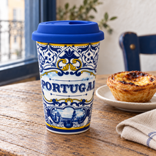 Load image into Gallery viewer, Portugal Azulejo Ceramic Travel Mug with Silicone Lid, 12 oz
