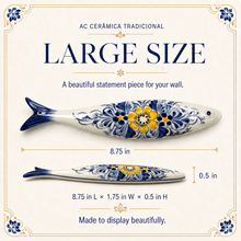 Load image into Gallery viewer, Hand-Painted Portuguese Ceramic Sardine Wall Decor, Blue &amp; Yellow Floral Design
