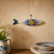 Load image into Gallery viewer, Hand-Painted Portuguese Ceramic Sardine Wall Decor, Blue &amp; Yellow Floral Design

