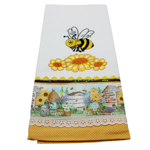 100% Cotton Decorative Kitchen Dish Towel with Border - Made in Portugal - Bumble Bee