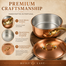 Load image into Gallery viewer, Handcrafted Portuguese Copper Saucepan with Tin-Lined Interior &amp; Brass Handle

