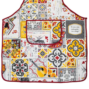 Portuguese Azulejo Design Apron – Red, Yellow, and Grey Tile Pattern with Front Pocket