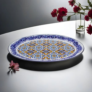 Traditional Blue and Orange Tile Azulejo Floral Ceramic Oval Platter
