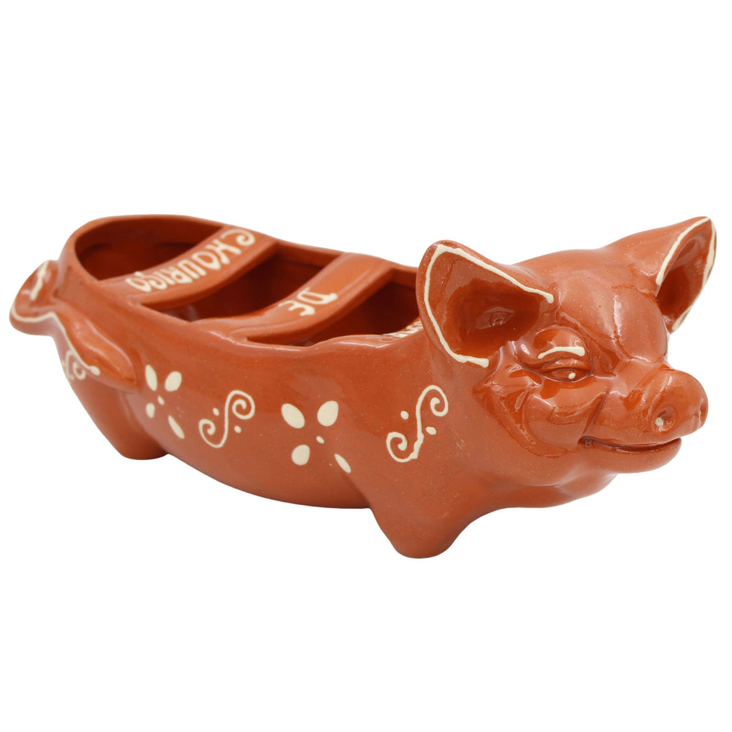 Traditional Portuguese Clay Terracotta Hand-Painted Happy Pig Sausage Roaster