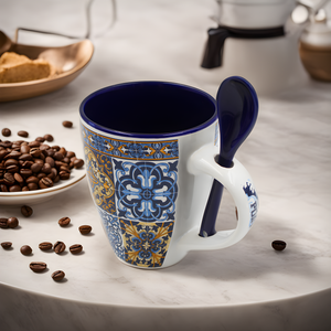 Traditional Portuguese Blue & Orange Tile Azulejo Ceramic Mug with Spoon