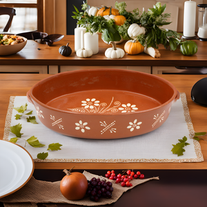 Traditional Portuguese Clay Terracotta Hand-Painted Oval Roaster, Roasting Pan