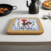 Load image into Gallery viewer, Traditional Portuguese Rooster Galo Barcelos Blue Tile Cork Trivet
