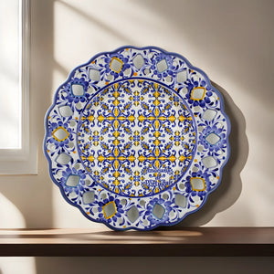 Hand-Painted Traditional Floral Blue and Yellow Tile Azulejo  11" Decorative Plate