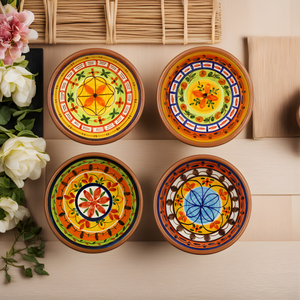Hand-Painted Portuguese Pottery Clay Terracotta Colorful Dipping Bowl Set