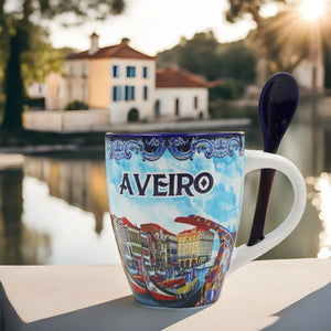 Traditional Portugal Aveiro Blue Ceramic Coffee Mug with Spoon and Gift Box