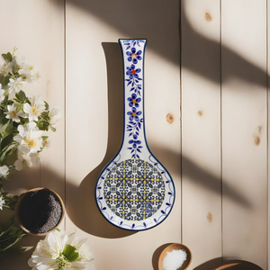 Traditional Blue Yellow Tile Azulejo Decorative Ceramic Spoon Rest, Utensil Holder