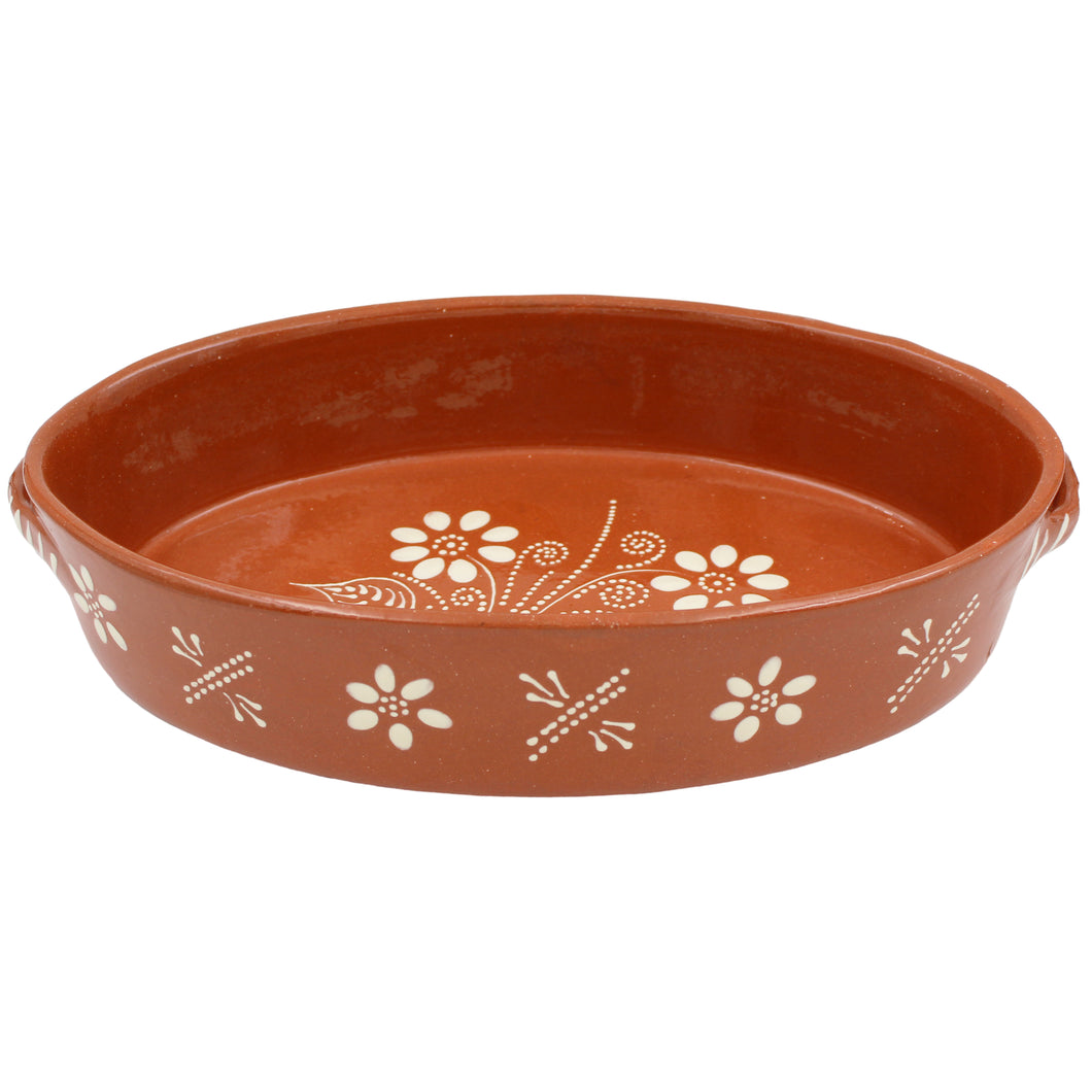 Traditional Portuguese Clay Terracotta Hand-Painted Oval Roaster, Roasting Pan