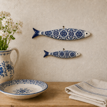 Load image into Gallery viewer, Portuguese Ceramic Sardine Wall Decor, Blue Azulejo Tile Design
