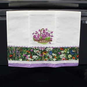 100% Cotton Decorative Kitchen Dish Towel with Border - Made in Portugal - Purple Flowers