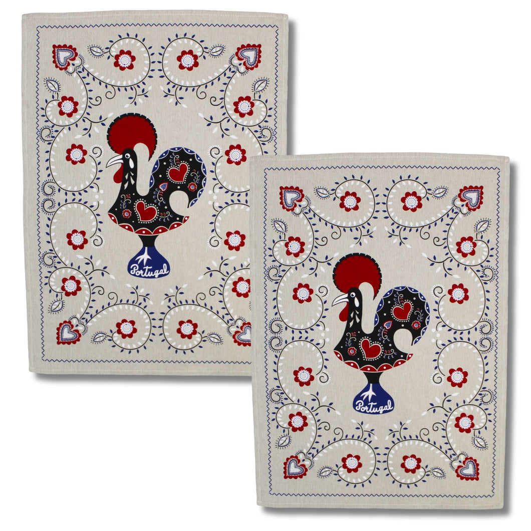 Traditional Portuguese Good Luck Rooster Cotton Kitchen Dish Towel, Set of 2