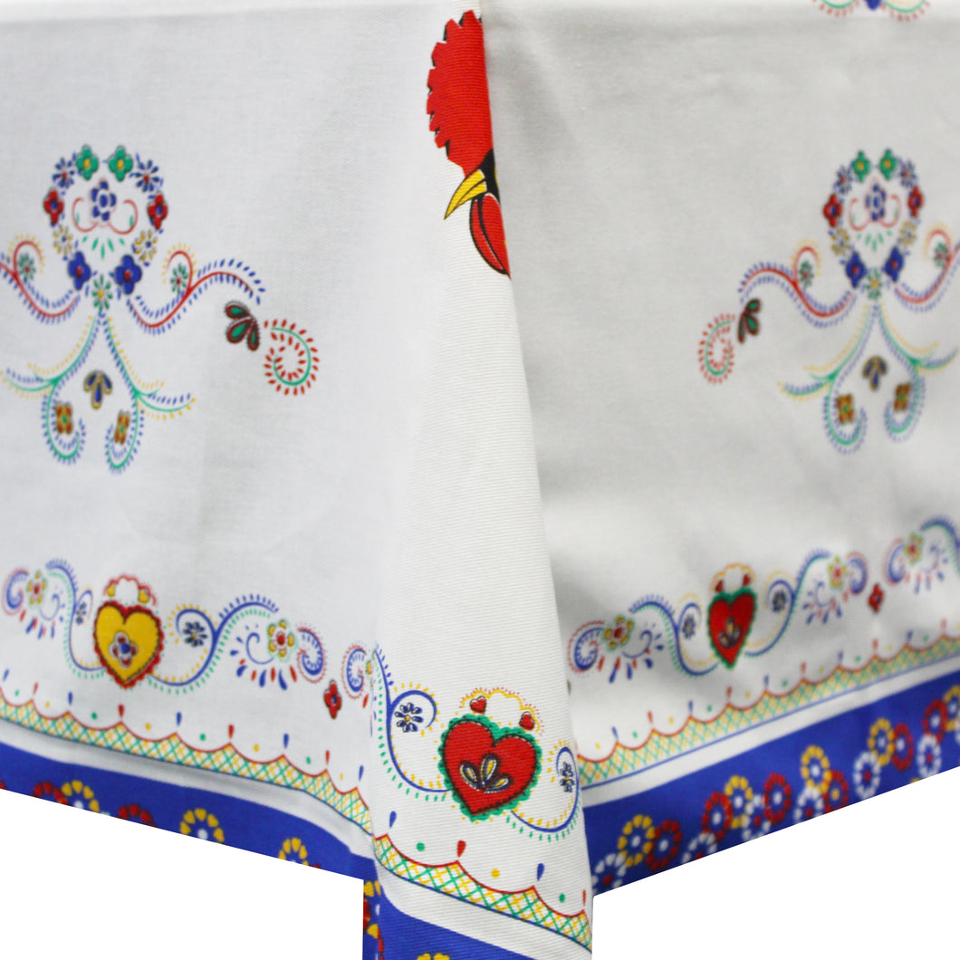 100% Cotton Portuguese Good Luck Rooster and Viana Heart Blue Border Tablecloth