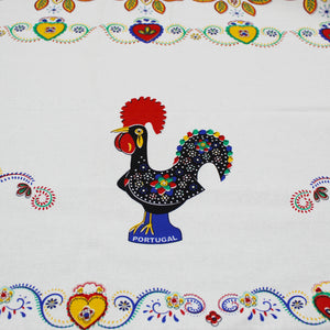 100% Cotton Portuguese Good Luck Rooster and Viana Heart Blue Border Tablecloth