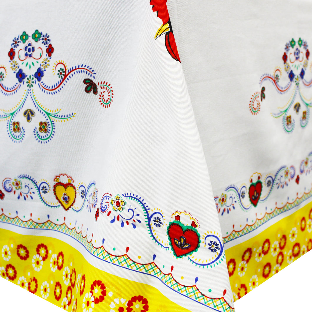 100% Cotton Portuguese Good Luck Rooster and Viana Heart Yellow Border Tablecloth