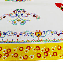 Load image into Gallery viewer, 100% Cotton Portuguese Good Luck Rooster and Viana Heart Yellow Border Tablecloth
